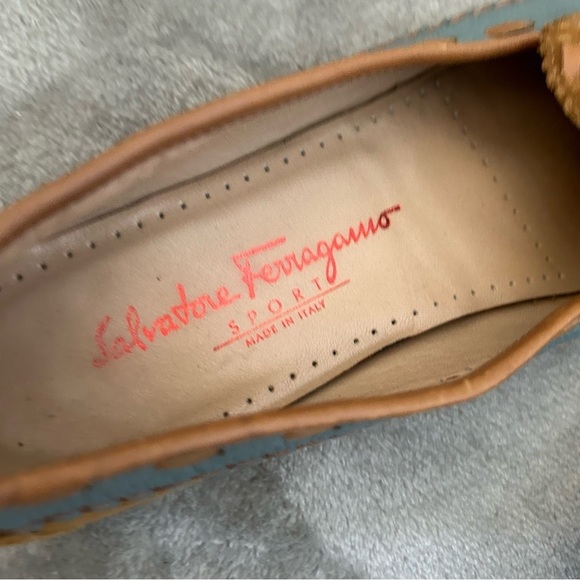 Salvatore Ferragamo Women’s Loafers 9.5 Light Brown Light Blue Woven Bow Casual - Picture 6 of 15